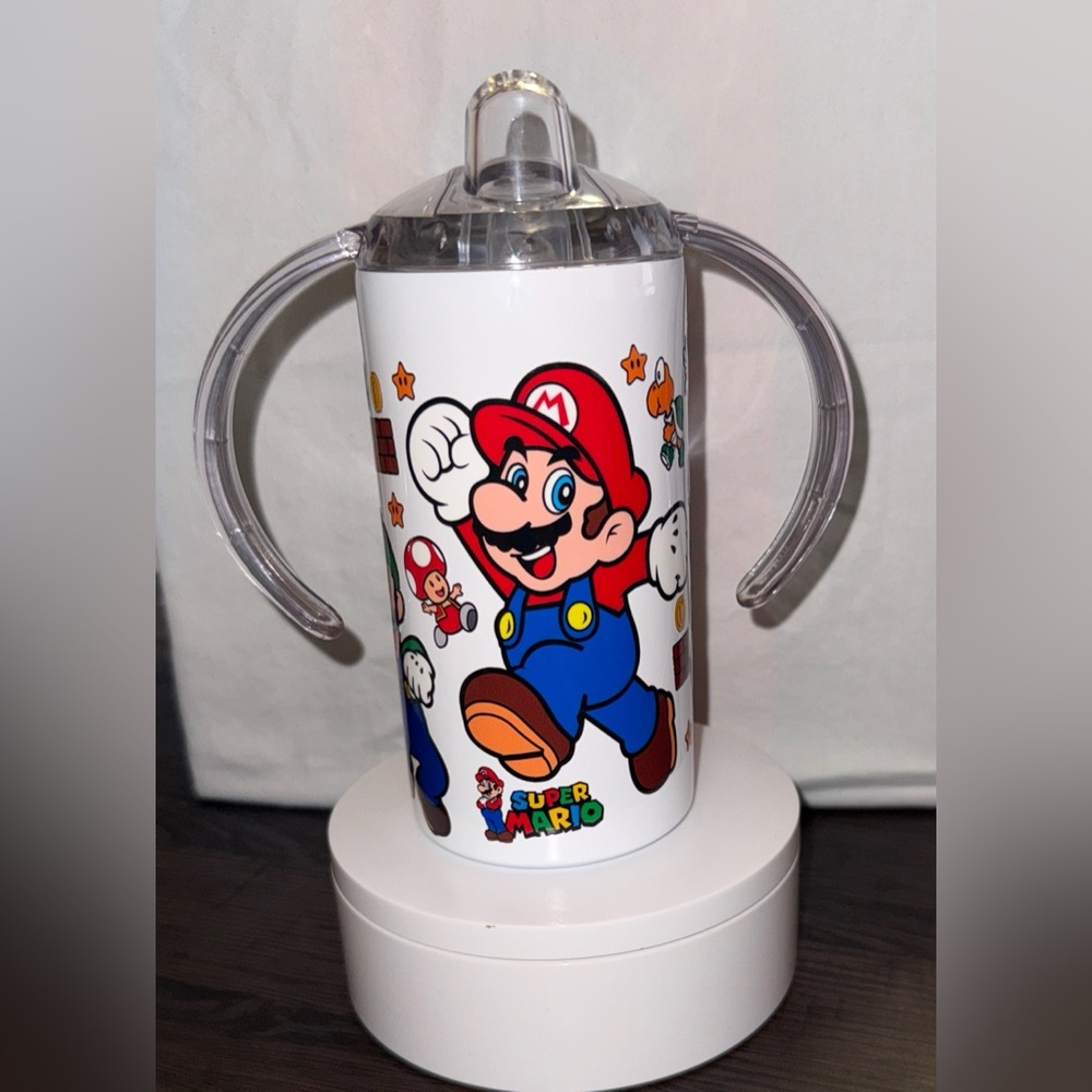 Mario Sippy Cup - White with Red, Blue & Yellow Artwork